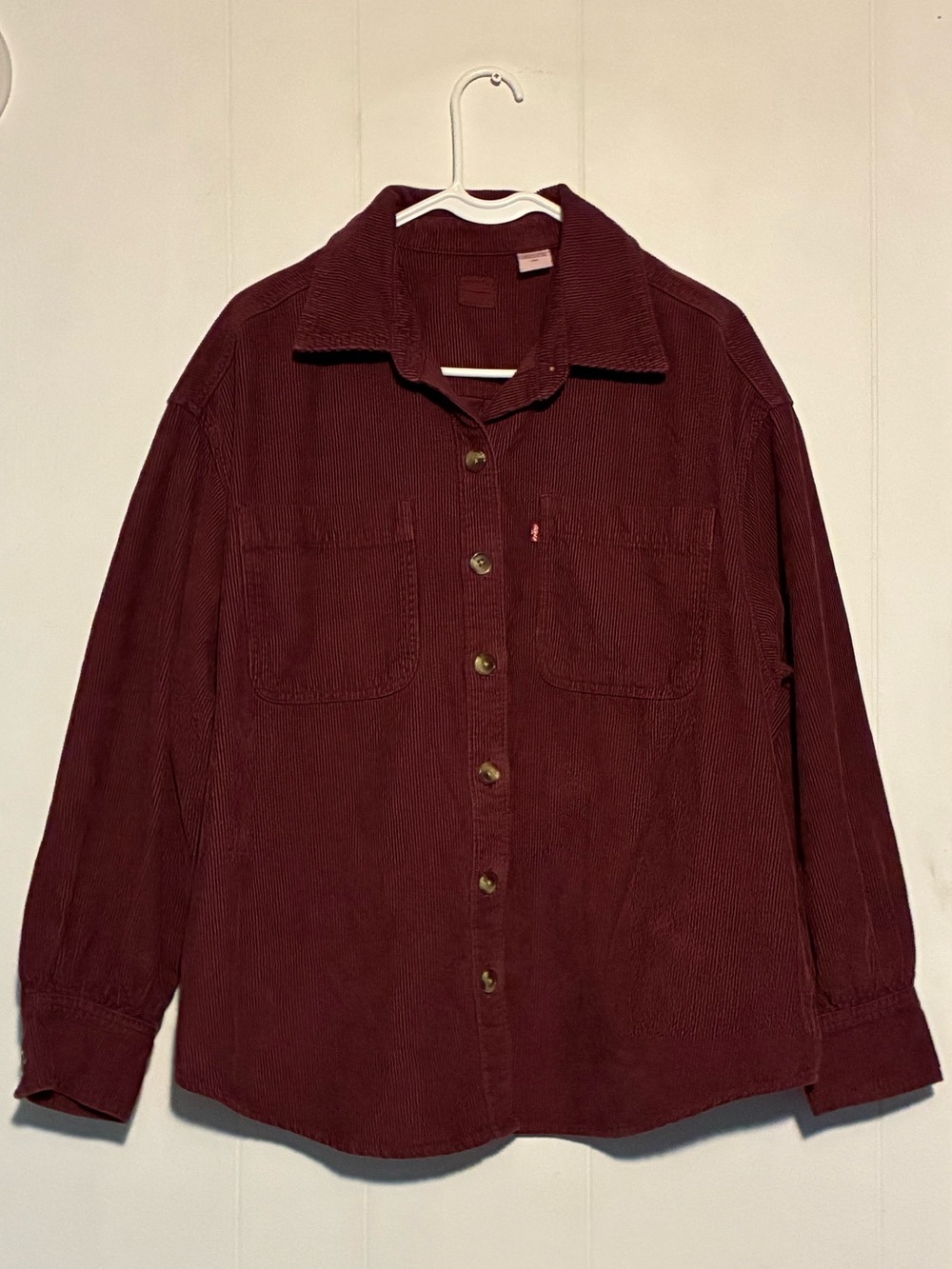 Women’s Corduroy Button-Up Shirt - Burgundy, with Side Pockets